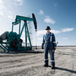 Oil field worker in blue overalls standing in front of a pumpjack on a clear day
