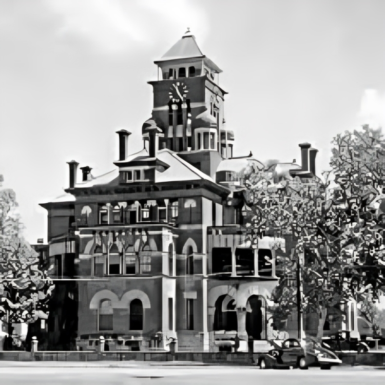 A historic red brick courthouse with intricate architectural details, surrounded by green trees and a paved walkway.