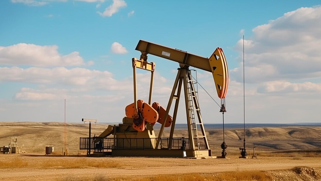 An oil pumpjack operating in a vast, open landscape under a bright blue sky with scattered clouds.