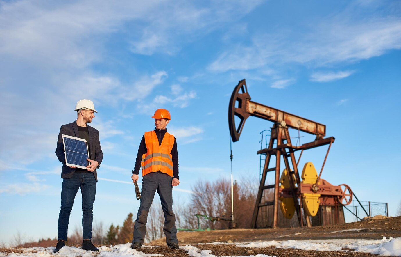 Group of oil workers standing on an oil field near a pump jack during daytime.