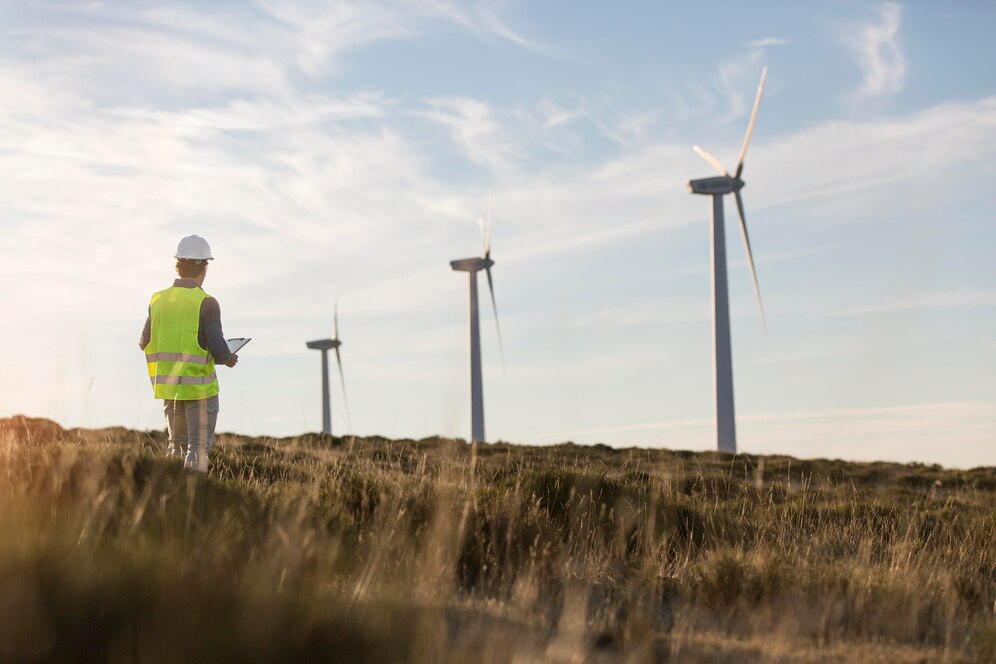 A worker in a safety vest inspecting wind turbines in an open field.